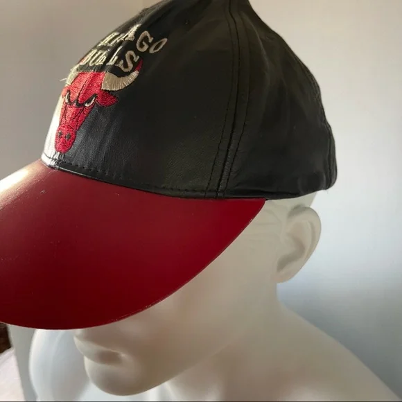 1990s” NBA Chicago Bulls Red/Black Leather Jeff Hamilton Design Strap back Hat